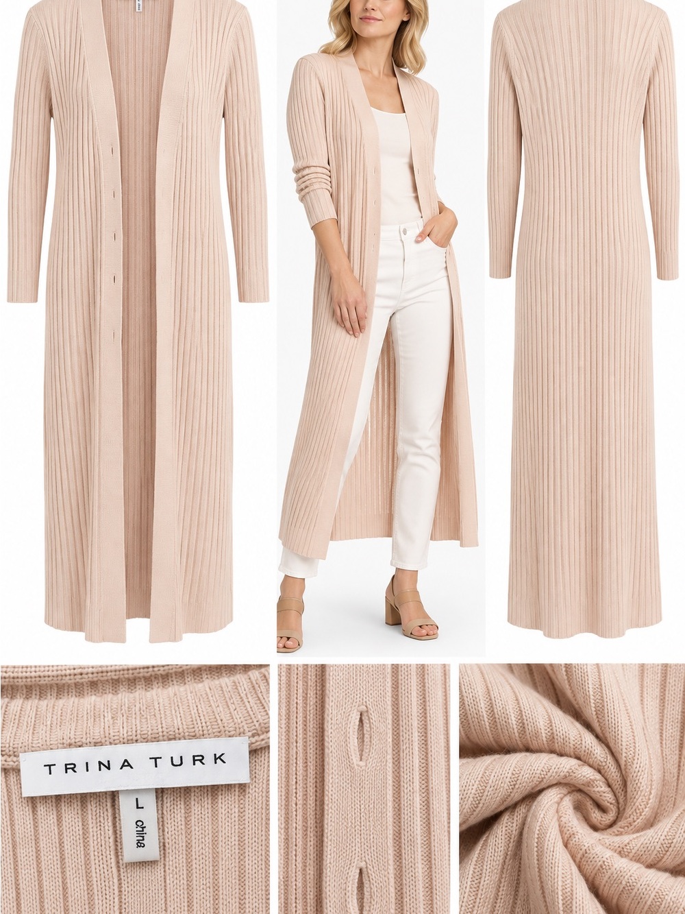 Trina Turk Long Ribbed Open Duster Cardigan - Blush Pink